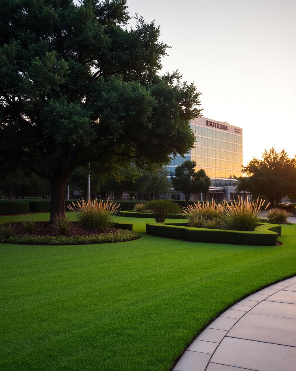Manicured commercial landscape in Dallas at golden hour