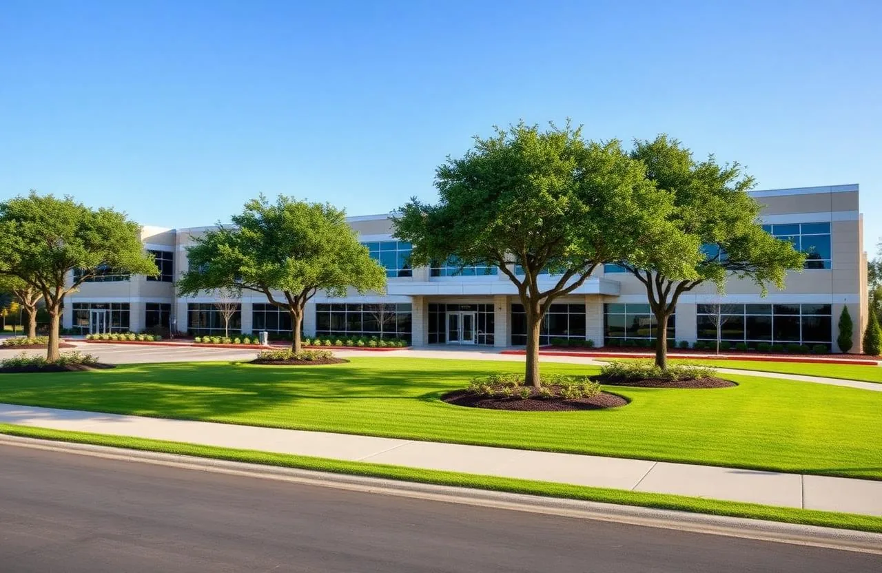 Commercial landscaping in Fort Worth TX with the downtown skyline in the distance