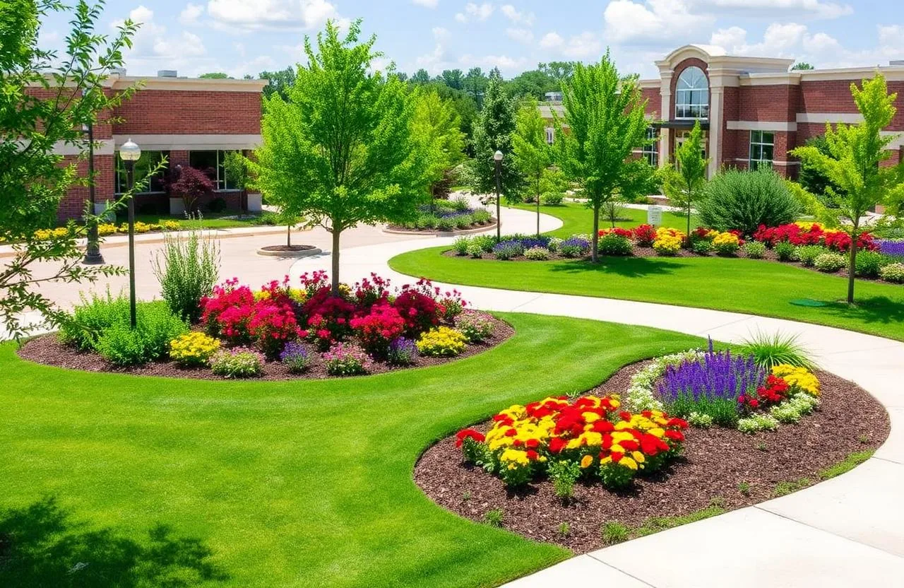 Commercial landscaping for an office park in McKinney and Allen TX at golden hour