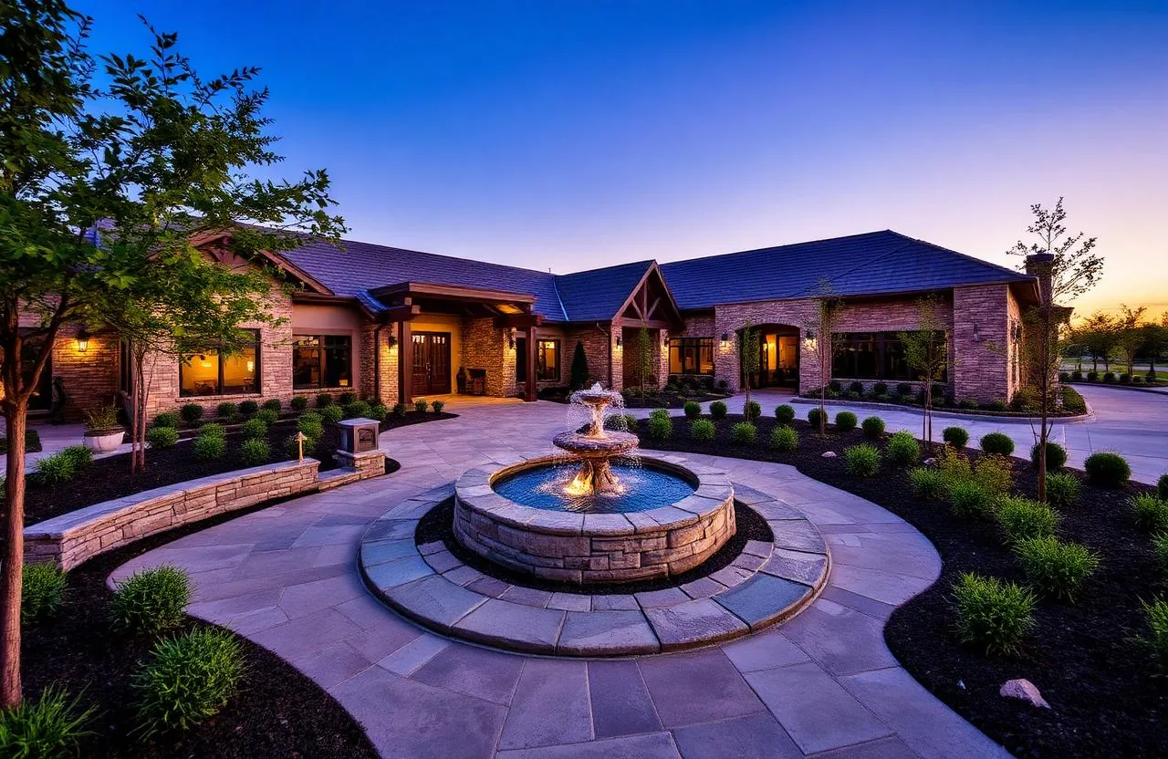 Upscale commercial landscaping in Southlake TX with sculpted boxwood parterre at dusk
