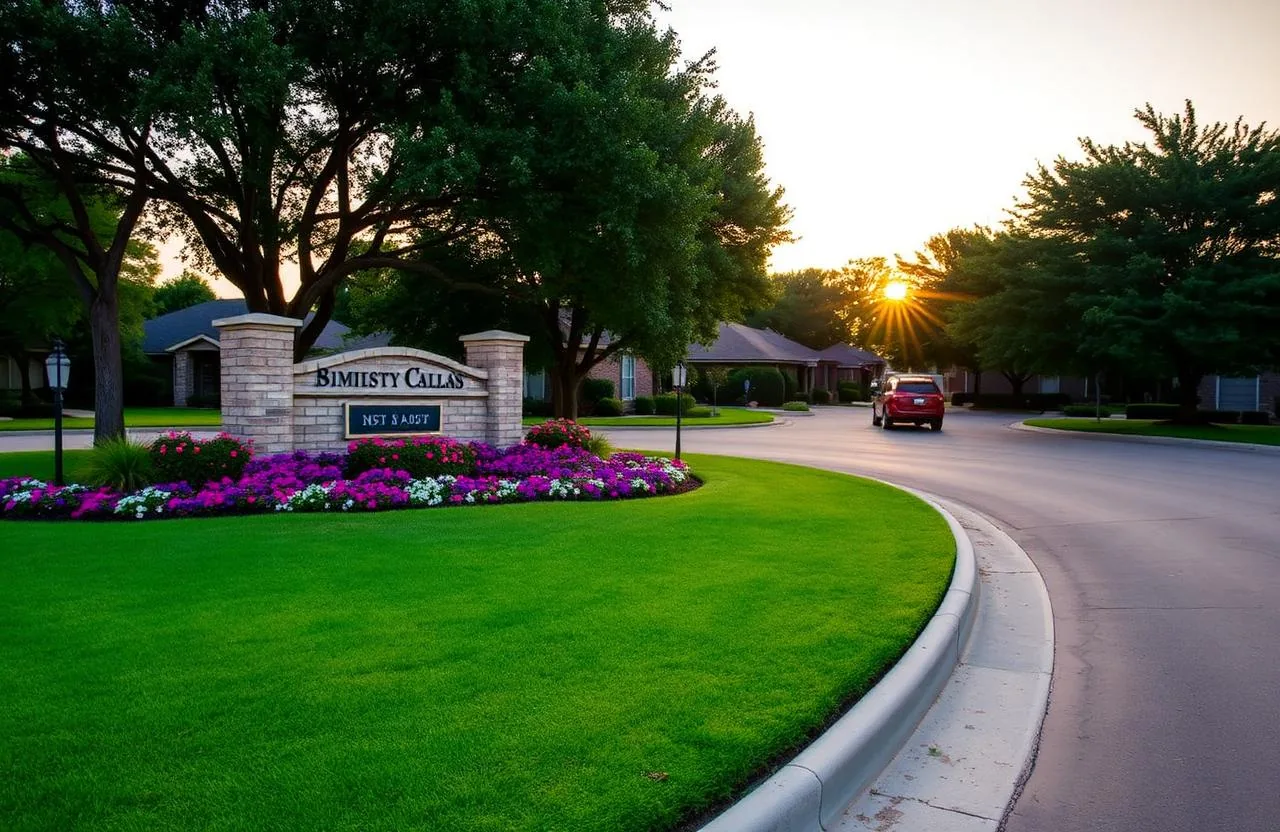 HOA neighborhood entrance landscaping in Dallas with stone monument walls and mature trees