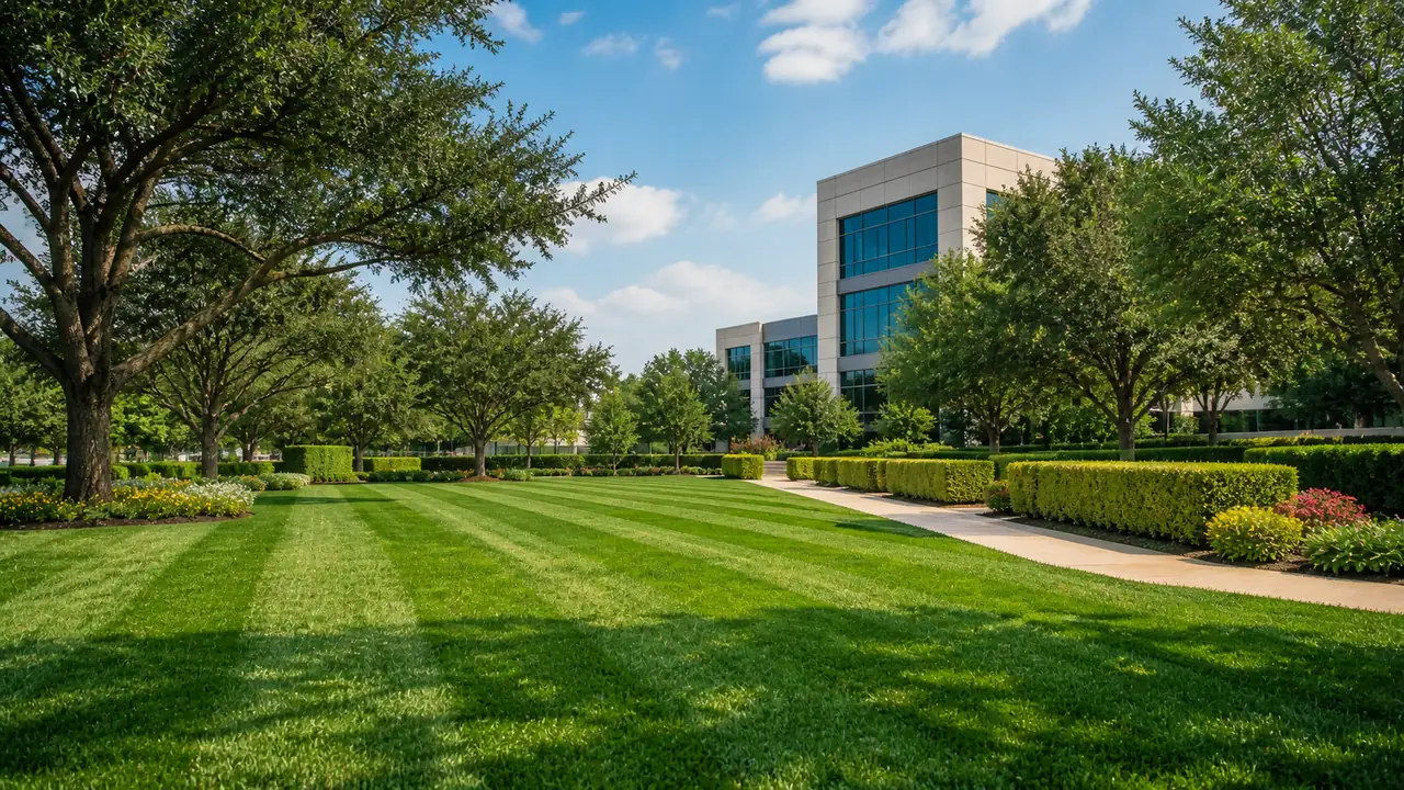 Manicured commercial landscape with mowed lawn, hedges and modern office building in Dallas–Fort Worth