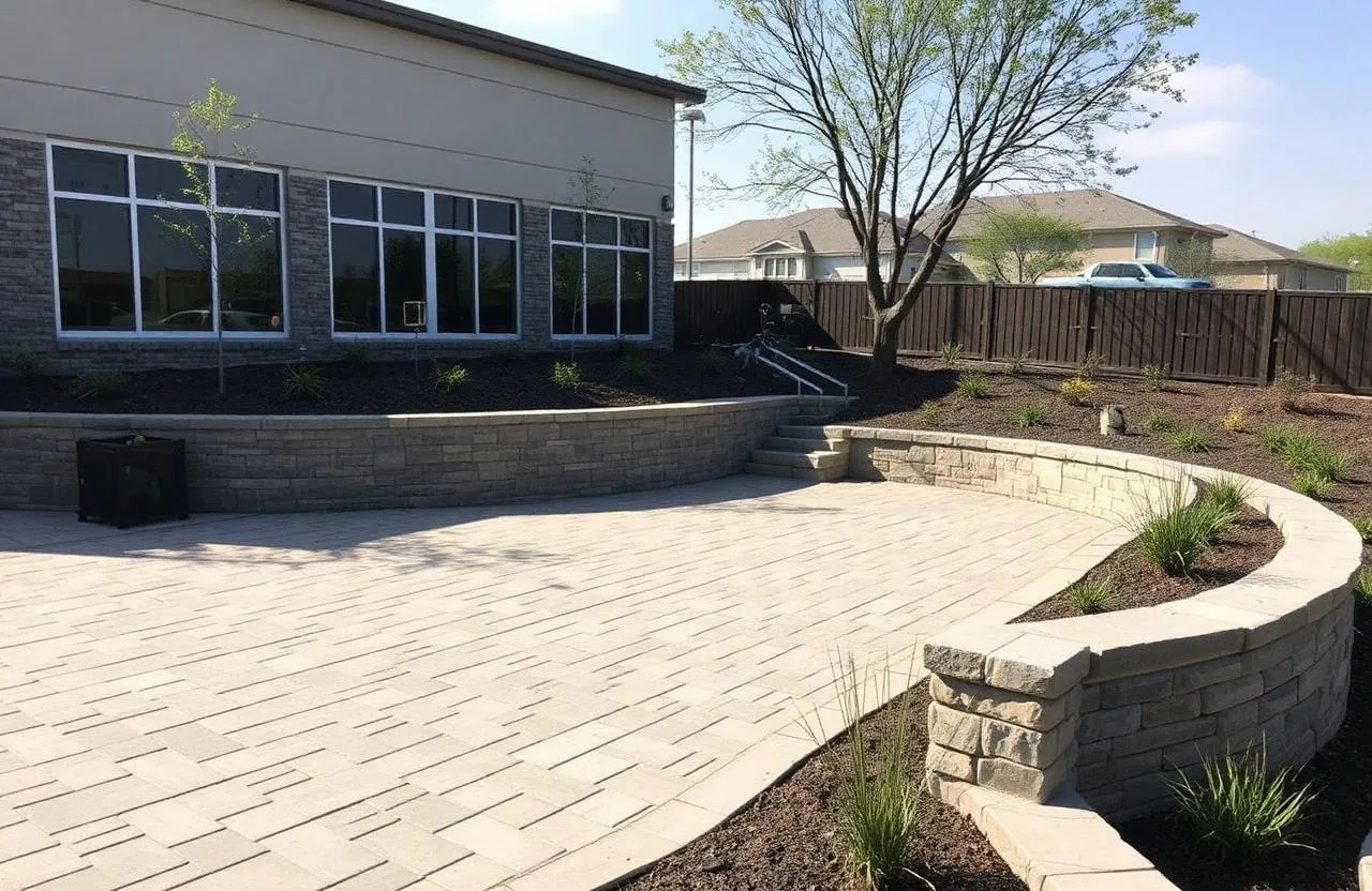 Commercial landscape construction project in Dallas with hardscape and structural plantings
