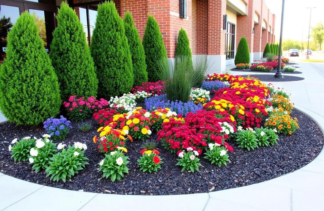 Landscape enhancements with seasonal color and architectural plantings on a Dallas commercial property