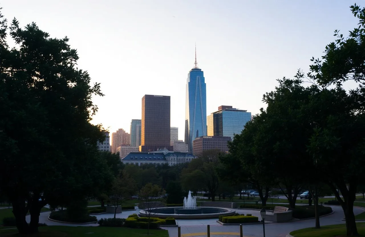 Commercial landscaping near downtown Dallas TX with dramatic skyline and manicured grounds