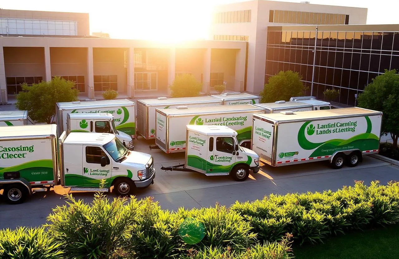 Commercial Landscaping Dallas crew fleet ready for scheduled maintenance routes